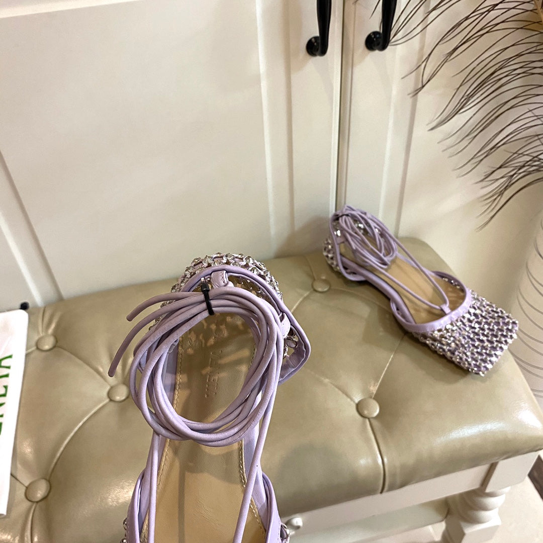 BOTTEGA VENETA LACE-UP FLAT SANDAL IN LIGHT PURPLE METALLIZED MESH AND LEATHER WITH RHINSTONES