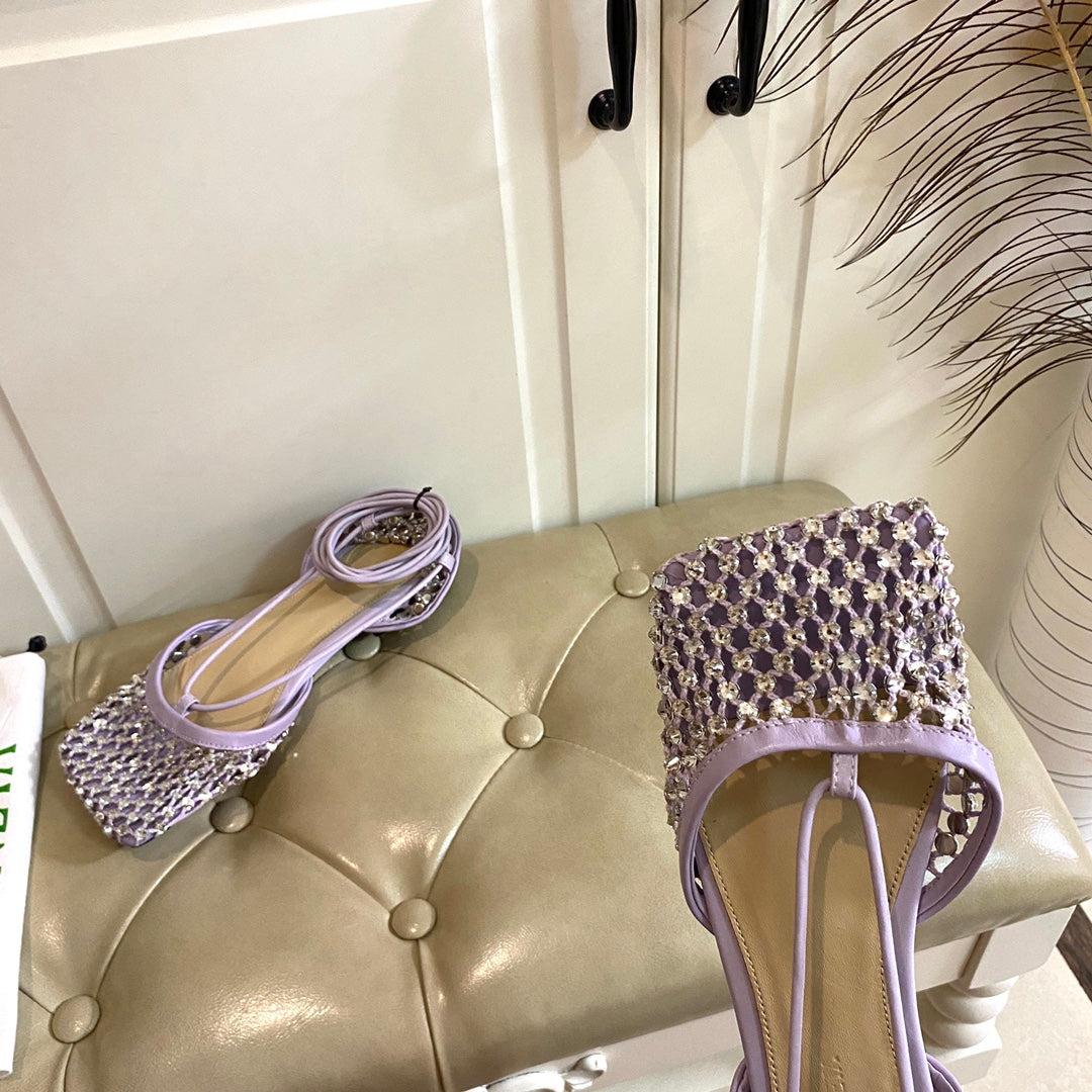 BOTTEGA VENETA LACE-UP FLAT SANDAL IN LIGHT PURPLE METALLIZED MESH AND LEATHER WITH RHINSTONES
