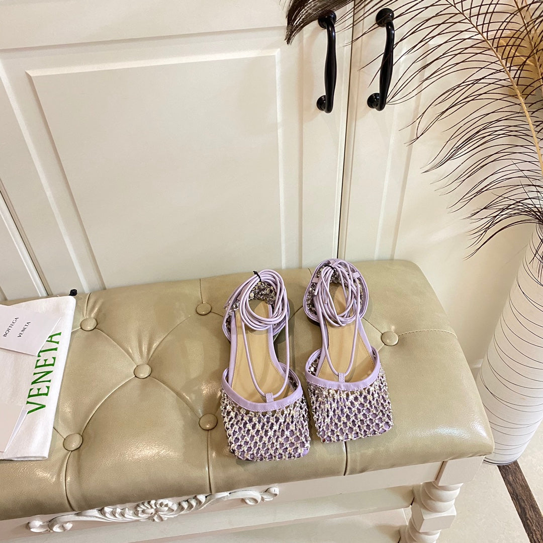 BOTTEGA VENETA LACE-UP FLAT SANDAL IN LIGHT PURPLE METALLIZED MESH AND LEATHER WITH RHINSTONES