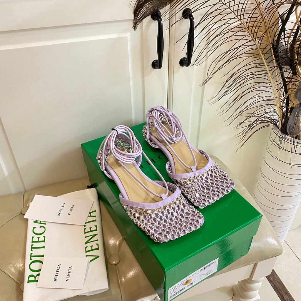 BOTTEGA VENETA LACE-UP FLAT SANDAL IN LIGHT PURPLE METALLIZED MESH AND LEATHER WITH RHINSTONES