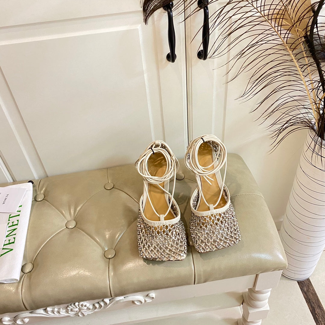 BOTTEGA VENETA LACE-UP SANDAL IN WHITE CREAM METALLIZED MESH AND LEATHER WITH RHINSTONES 9 CM