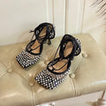 BOTTEGA VENETA LACE-UP SANDAL IN BLACK METALLIZED MESH AND LEATHER WITH RHINSTONES 9 CM