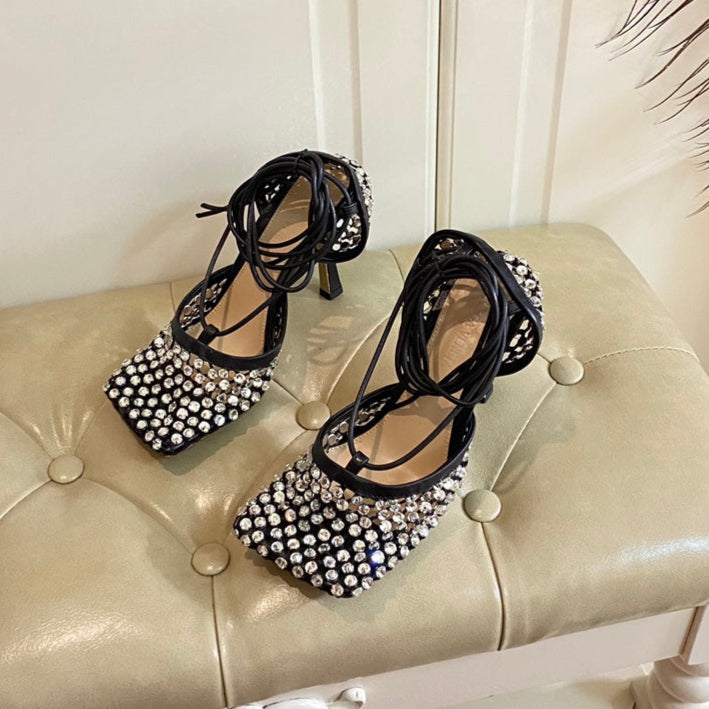 BOTTEGA VENETA LACE-UP SANDAL IN BLACK METALLIZED MESH AND LEATHER WITH RHINSTONES 9 CM
