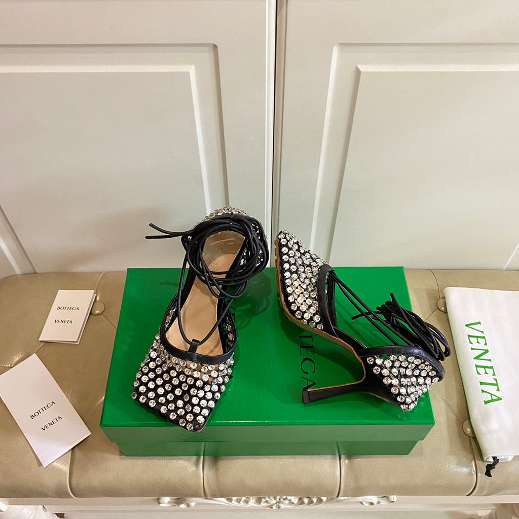 BOTTEGA VENETA LACE-UP SANDAL IN BLACK METALLIZED MESH AND LEATHER WITH RHINSTONES 9 CM