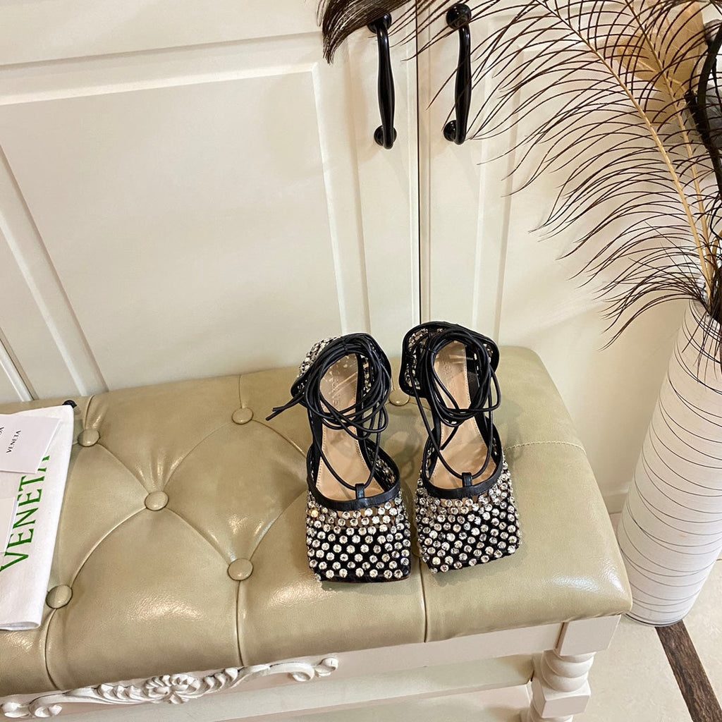 BOTTEGA VENETA LACE-UP SANDAL IN BLACK METALLIZED MESH AND LEATHER WITH RHINSTONES 9 CM
