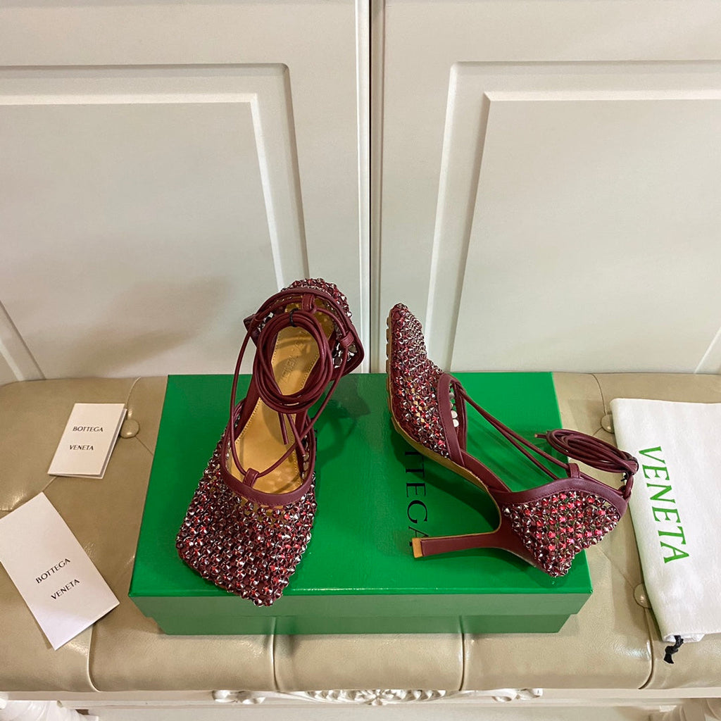 BOTTEGA VENETA LACE-UP SANDAL IN SANGRIA RED METALLIZED MESH AND LEATHER WITH RHINSTONES 9 CM