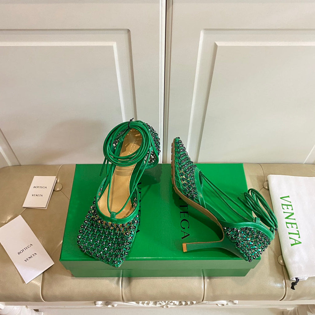 BOTTEGA VENETA LACE-UP SANDAL IN COOL GREEN METALLIZED MESH AND LEATHER WITH RHINSTONES 9 CM