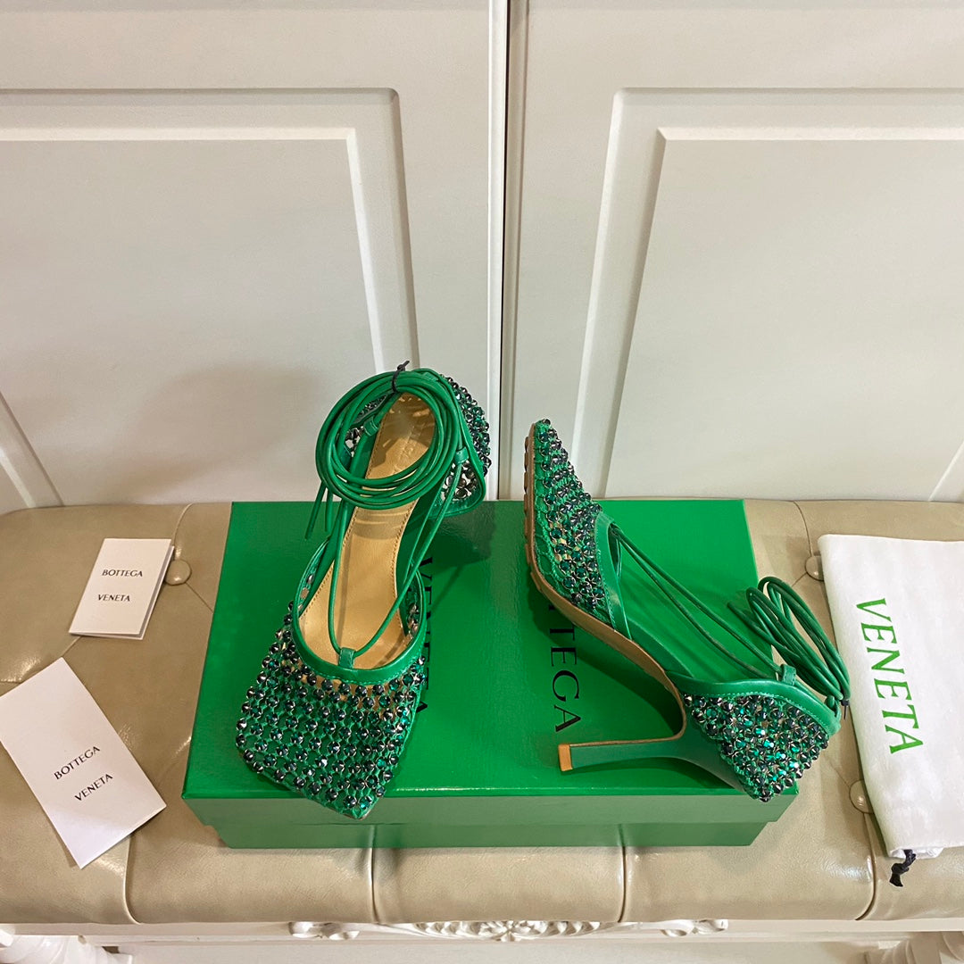 BOTTEGA VENETA LACE-UP SANDAL IN COOL GREEN METALLIZED MESH AND LEATHER WITH RHINSTONES 9 CM