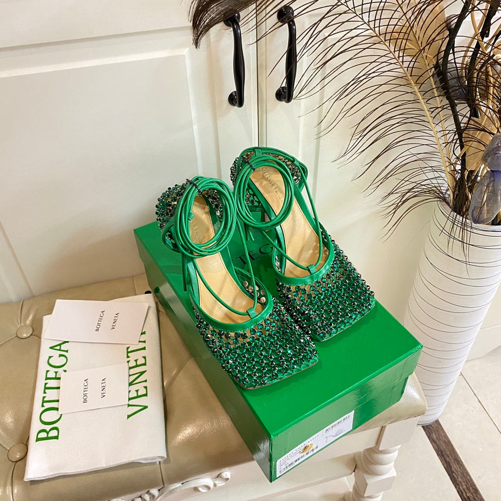 BOTTEGA VENETA LACE-UP SANDAL IN COOL GREEN METALLIZED MESH AND LEATHER WITH RHINSTONES 9 CM