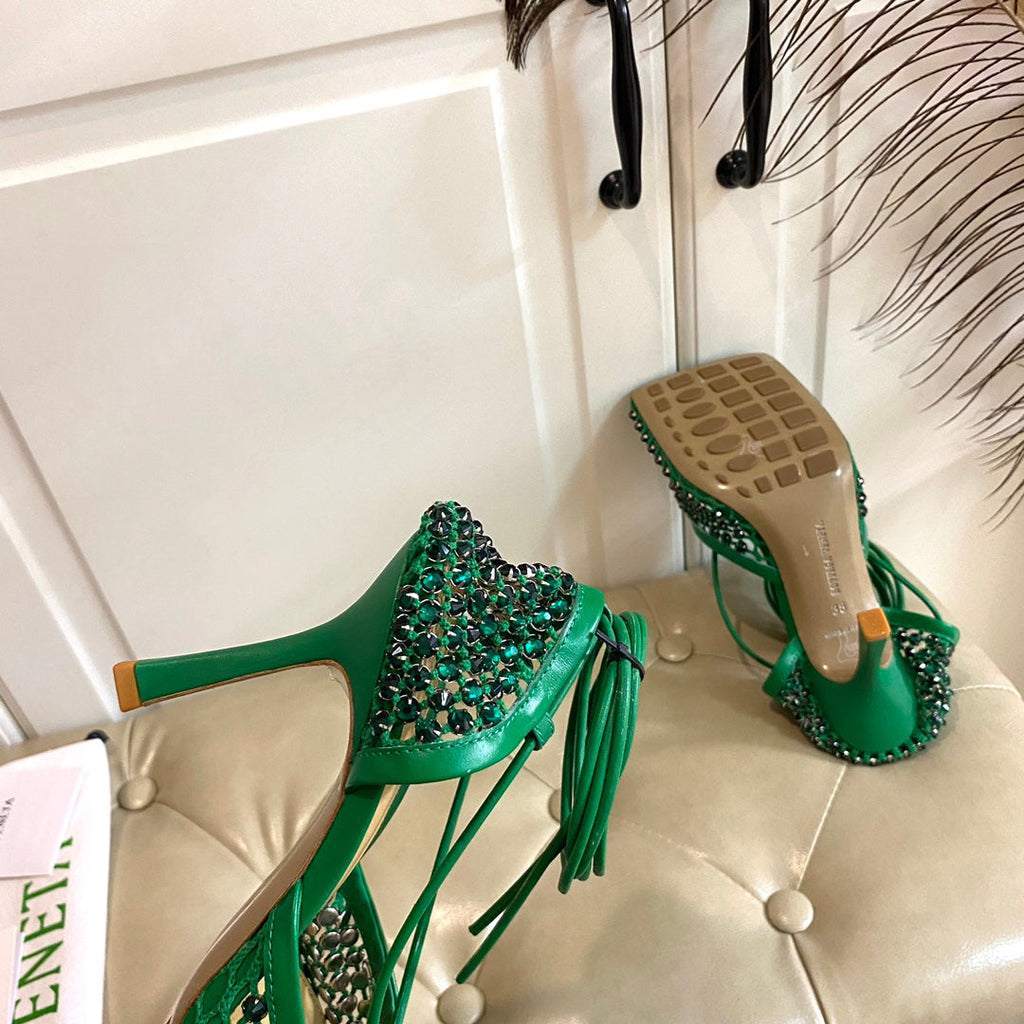 BOTTEGA VENETA LACE-UP SANDAL IN COOL GREEN METALLIZED MESH AND LEATHER WITH RHINSTONES 9 CM