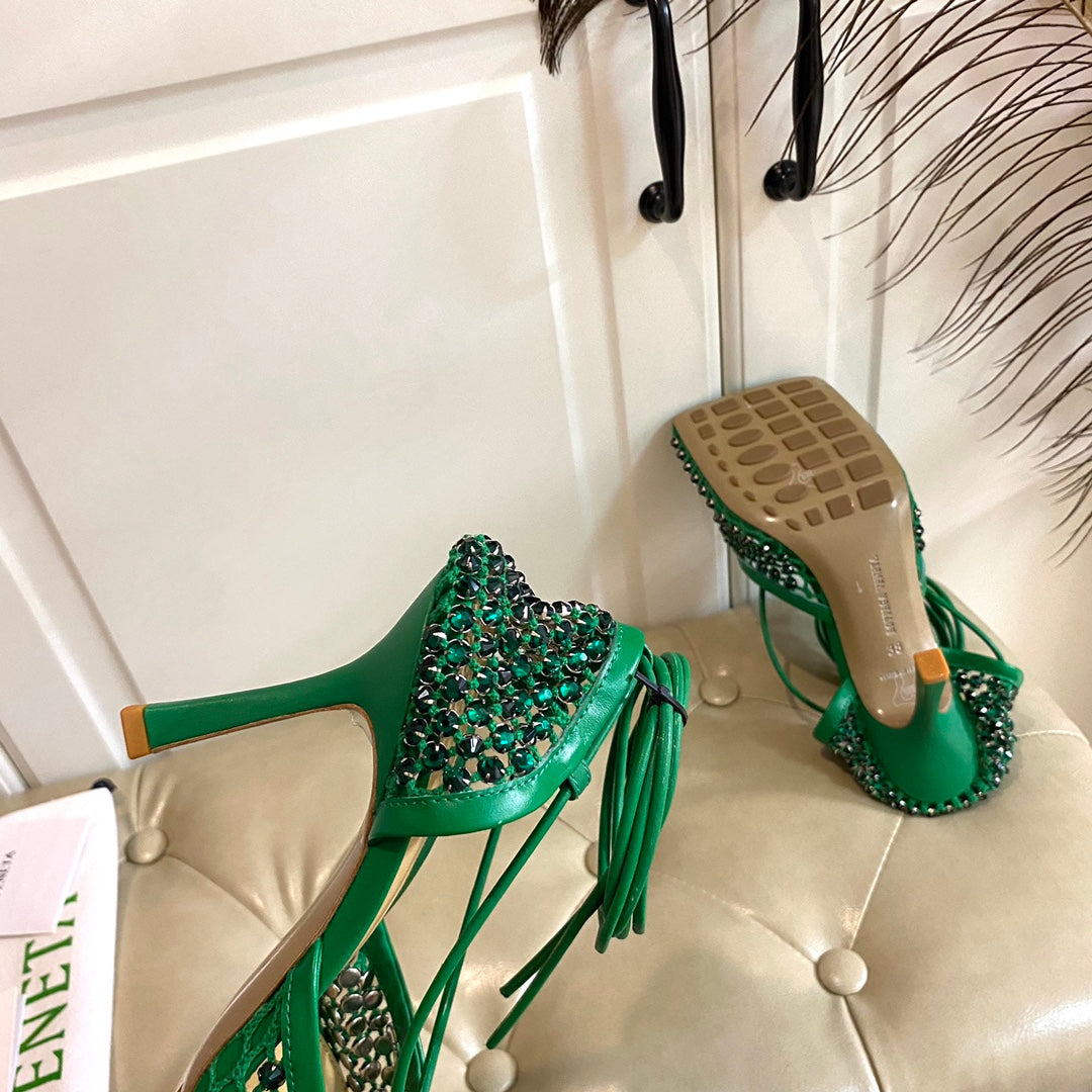 BOTTEGA VENETA LACE-UP SANDAL IN COOL GREEN METALLIZED MESH AND LEATHER WITH RHINSTONES 9 CM
