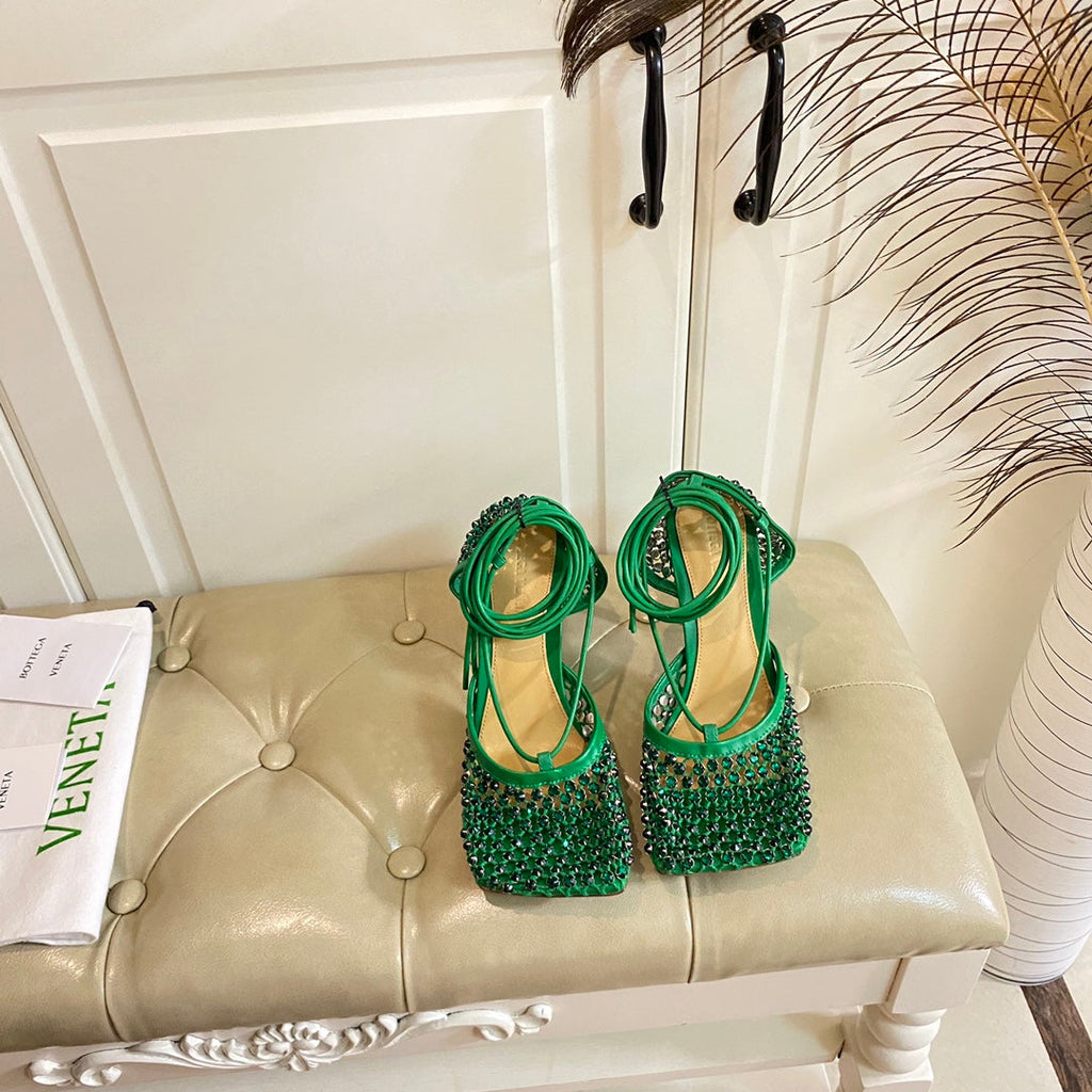 BOTTEGA VENETA LACE-UP SANDAL IN COOL GREEN METALLIZED MESH AND LEATHER WITH RHINSTONES 9 CM