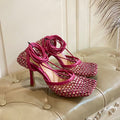 BOTTEGA VENETA LACE-UP SANDAL IN PUNCH PINK METALLIZED MESH AND LEATHER WITH RHINSTONES 9 CM