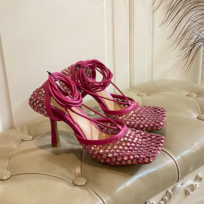 BOTTEGA VENETA LACE-UP SANDAL IN PUNCH PINK METALLIZED MESH AND LEATHER WITH RHINSTONES 9 CM