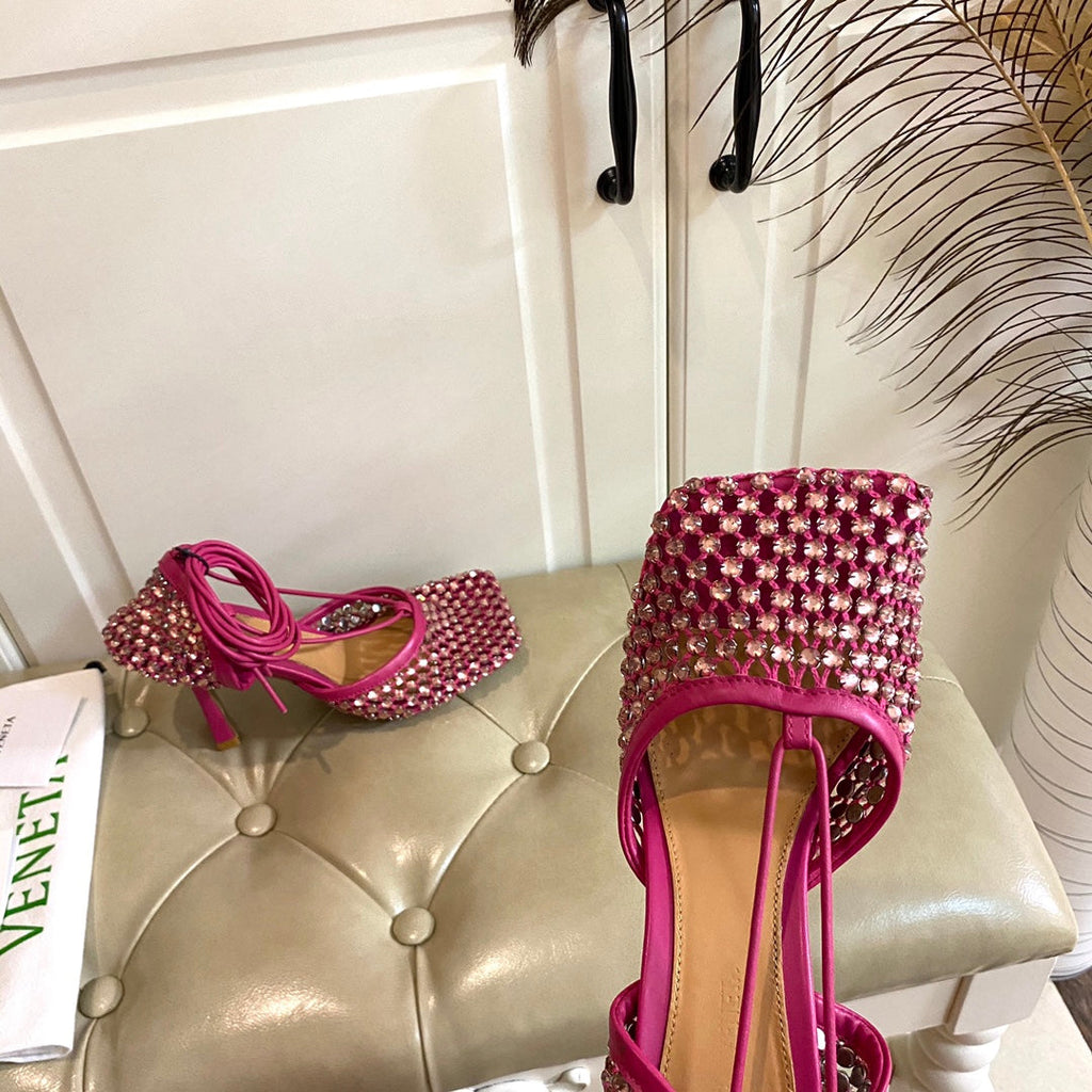 BOTTEGA VENETA LACE-UP SANDAL IN PUNCH PINK METALLIZED MESH AND LEATHER WITH RHINSTONES 9 CM