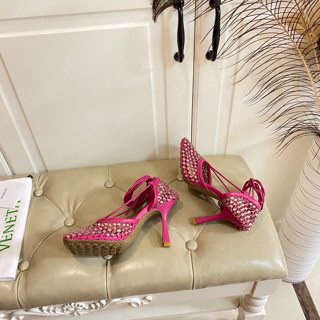 BOTTEGA VENETA LACE-UP SANDAL IN PUNCH PINK METALLIZED MESH AND LEATHER WITH RHINSTONES 9 CM