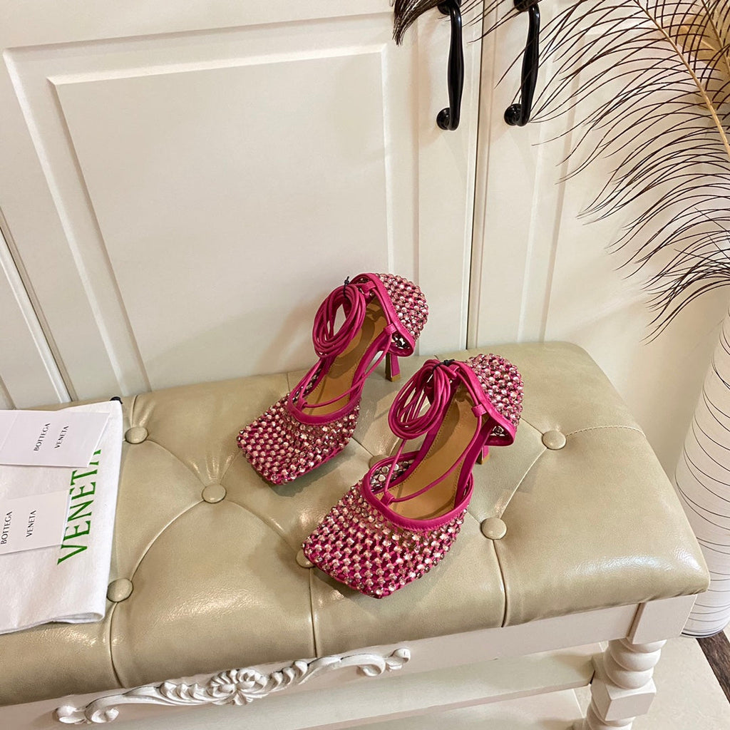 BOTTEGA VENETA LACE-UP SANDAL IN PUNCH PINK METALLIZED MESH AND LEATHER WITH RHINSTONES 9 CM