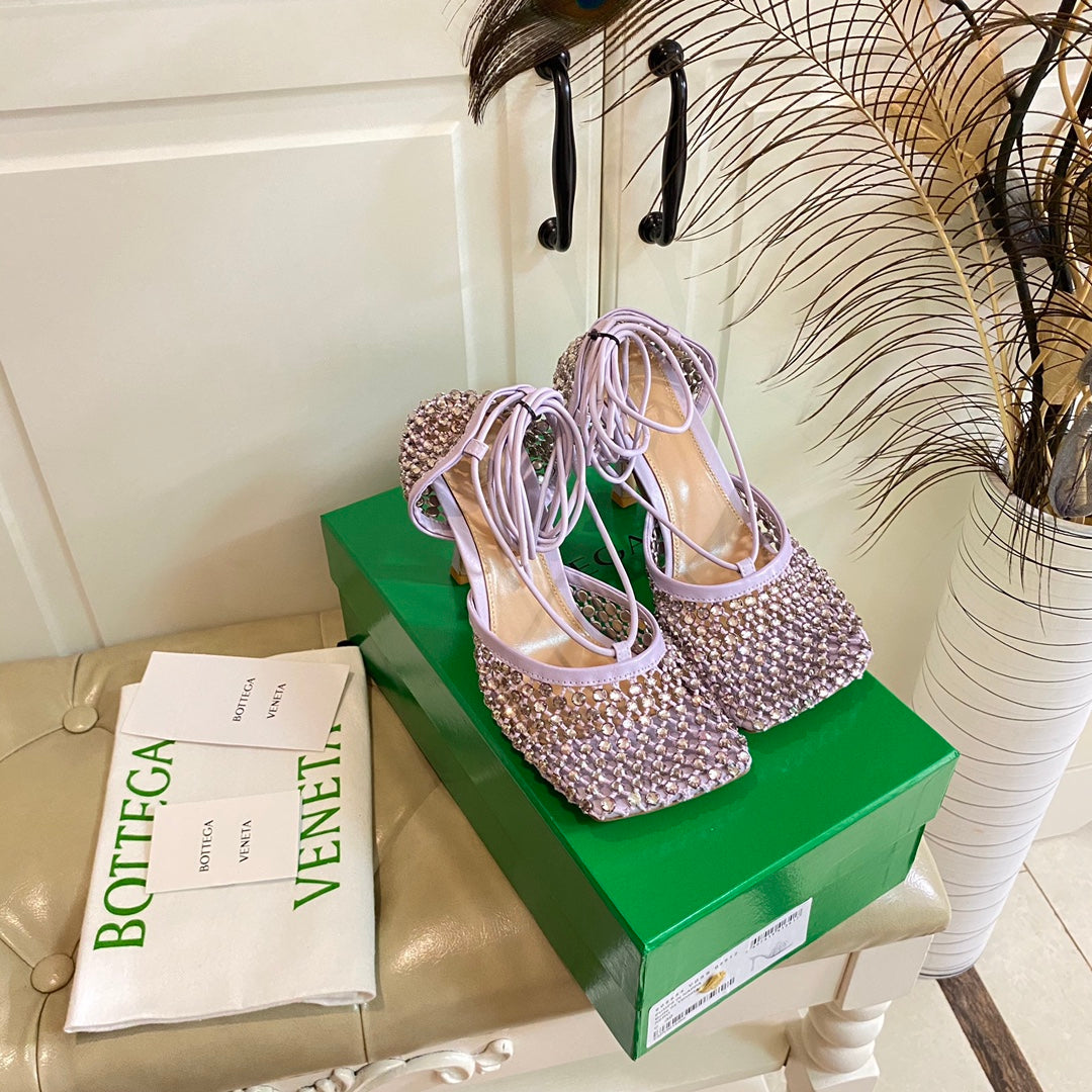 BOTTEGA VENETA LACE-UP SANDAL IN LIGHT PURPLE METALLIZED MESH AND LEATHER WITH RHINSTONES 9 CM