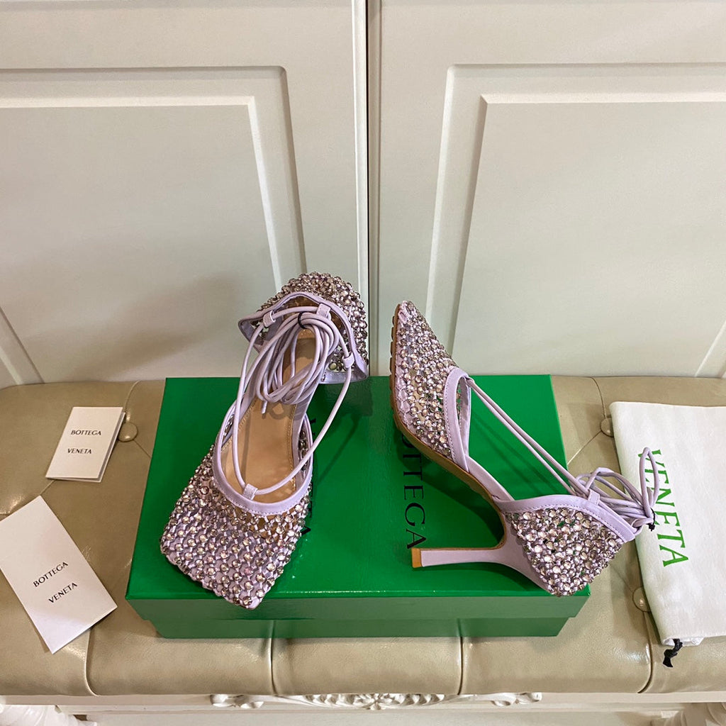 BOTTEGA VENETA LACE-UP SANDAL IN LIGHT PURPLE METALLIZED MESH AND LEATHER WITH RHINSTONES 9 CM