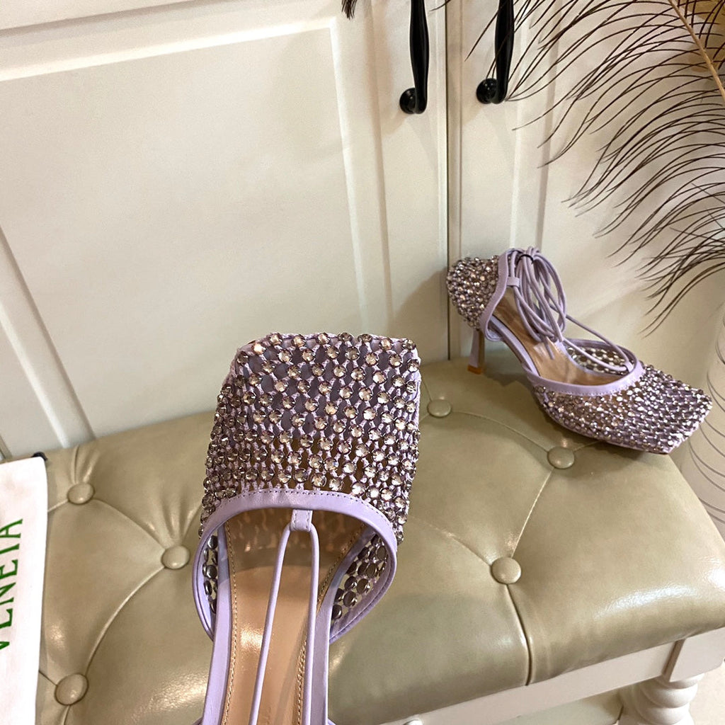 BOTTEGA VENETA LACE-UP SANDAL IN LIGHT PURPLE METALLIZED MESH AND LEATHER WITH RHINSTONES 9 CM