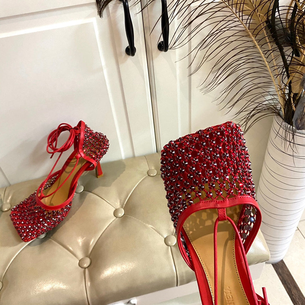 BOTTEGA VENETA LACE-UP SANDAL IN CRIMSON RED METALLIZED MESH AND LEATHER WITH RHINSTONES 9 CM