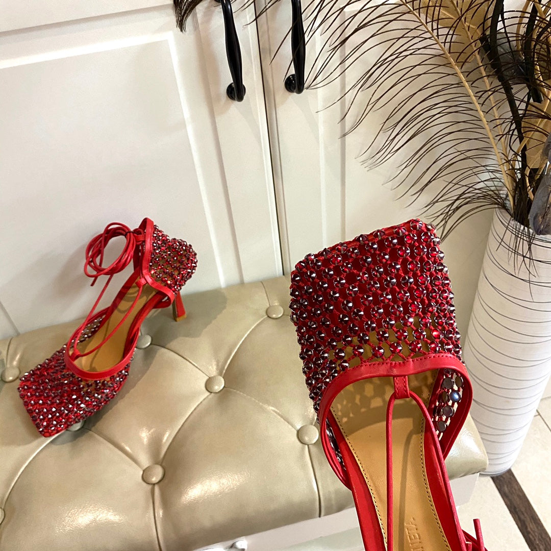 BOTTEGA VENETA LACE-UP SANDAL IN CRIMSON RED METALLIZED MESH AND LEATHER WITH RHINSTONES 9 CM