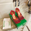 BOTTEGA VENETA LACE-UP SANDAL IN CRIMSON RED METALLIZED MESH AND LEATHER WITH RHINSTONES 9 CM