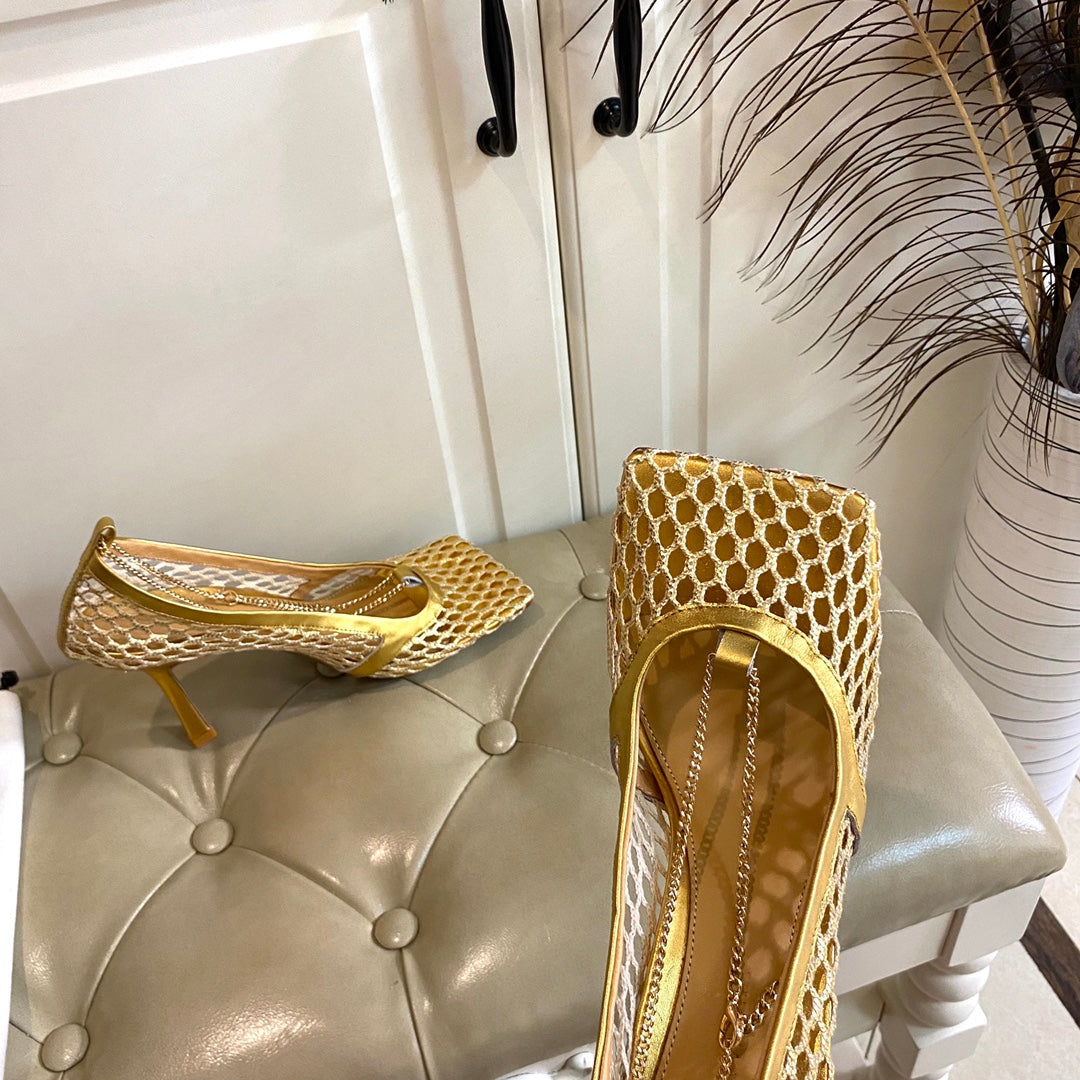 BOTTEGA VENETA STRETCH LACE-UP SANDAL IN GOLD METALLIZED MESH AND LEATHER 9 CM