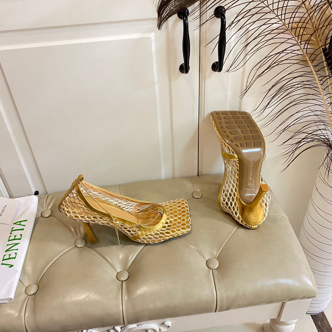 BOTTEGA VENETA STRETCH LACE-UP SANDAL IN GOLD METALLIZED MESH AND LEATHER 9 CM