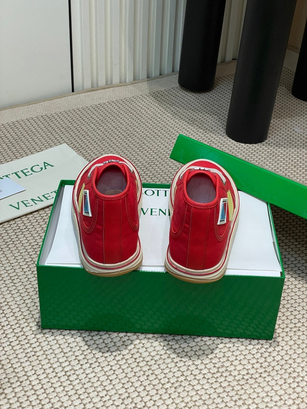 BOTTEGA VENETA ELIOT SNEAKER IN CHERRY RED CANVAS AND CALFSKIN