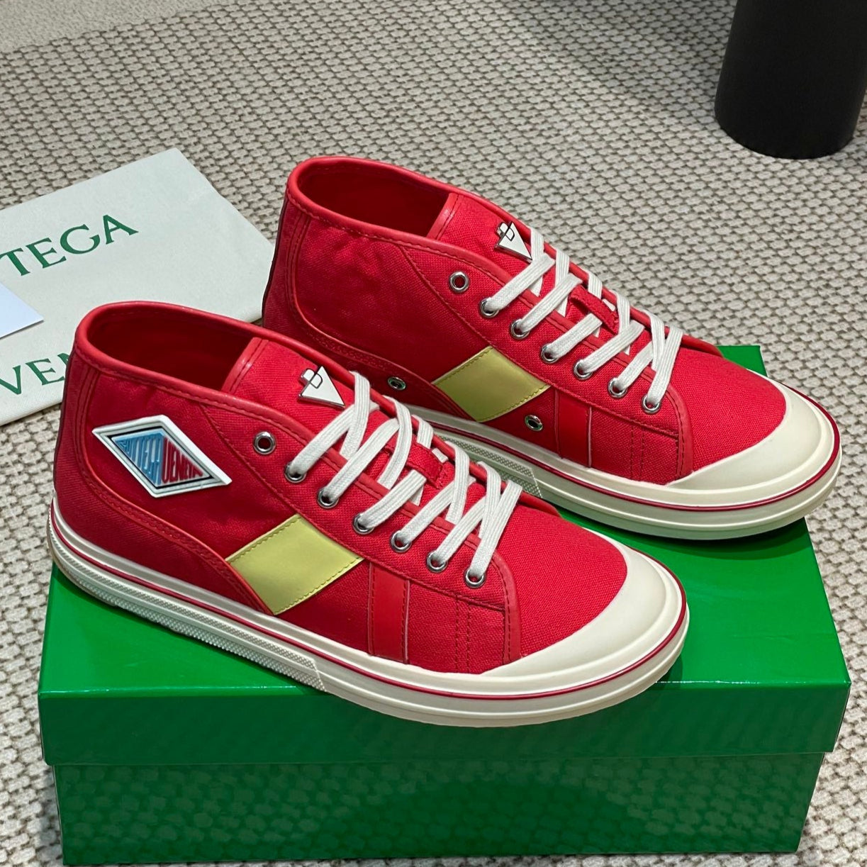 BOTTEGA VENETA ELIOT SNEAKER IN CHERRY RED CANVAS AND CALFSKIN