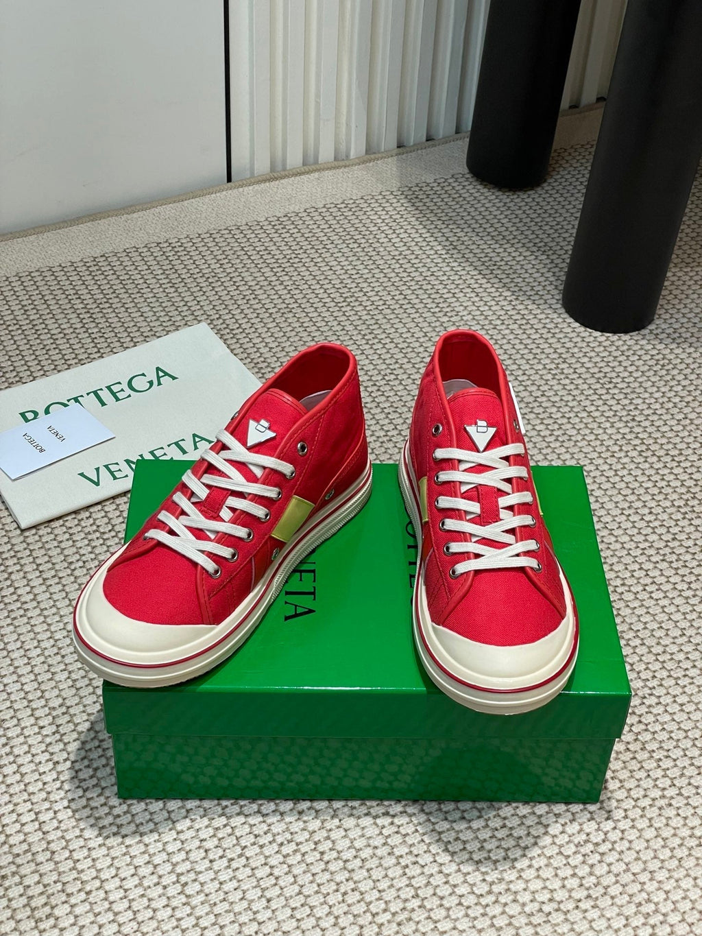BOTTEGA VENETA ELIOT SNEAKER IN CHERRY RED CANVAS AND CALFSKIN