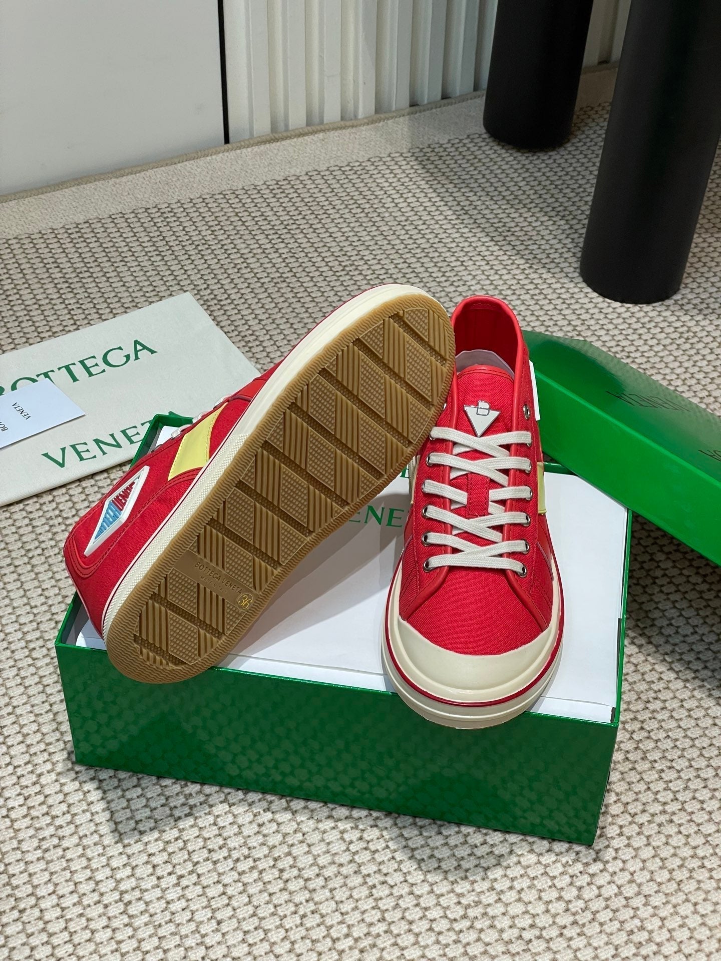BOTTEGA VENETA ELIOT SNEAKER IN CHERRY RED CANVAS AND CALFSKIN
