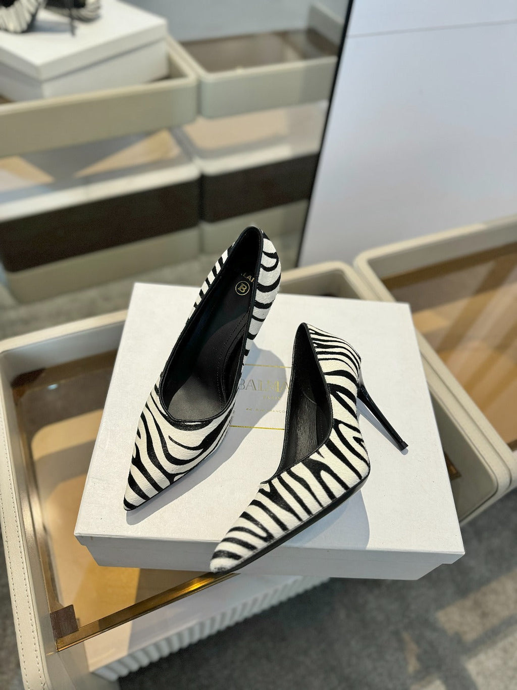 BALMAIN 25S HIGH HEELS 95MM IN WHITE AND BLACK ZEBRA PRINT CALFSKIN