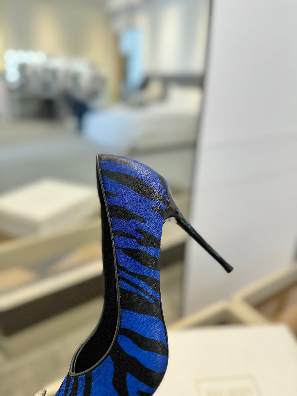 BALMAIN 25S HIGH HEELS 95MM IN BLUE AND BLACK ZEBRA PRINT CALFSKIN