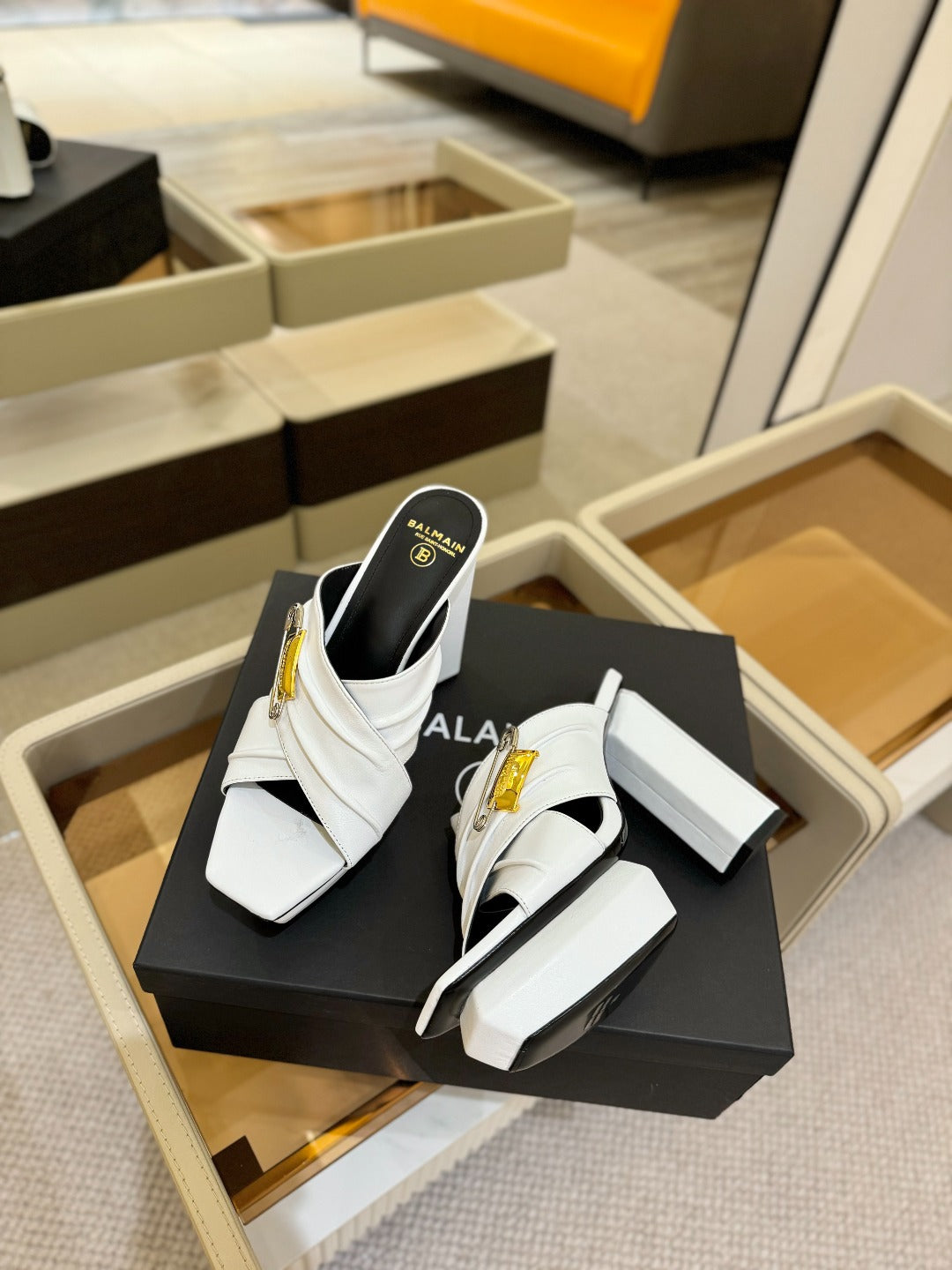 BALMAIN 25S WEDGE HEEL SANDALS 100MM IN WHITE CALFSKIN