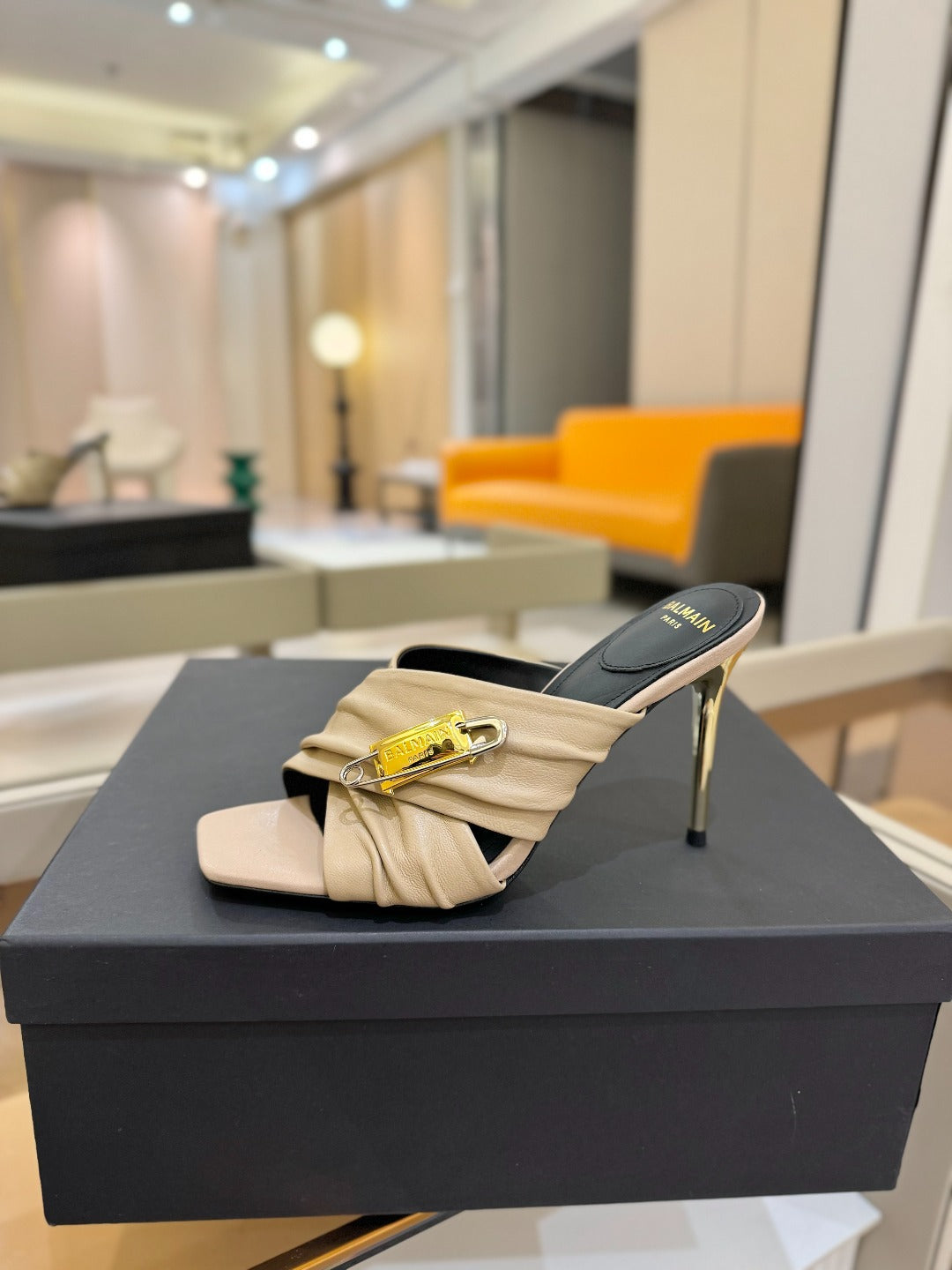 BALMAIN 25S HIGH HEEL SANDALS 95MM IN BEIGE CALFSKIN
