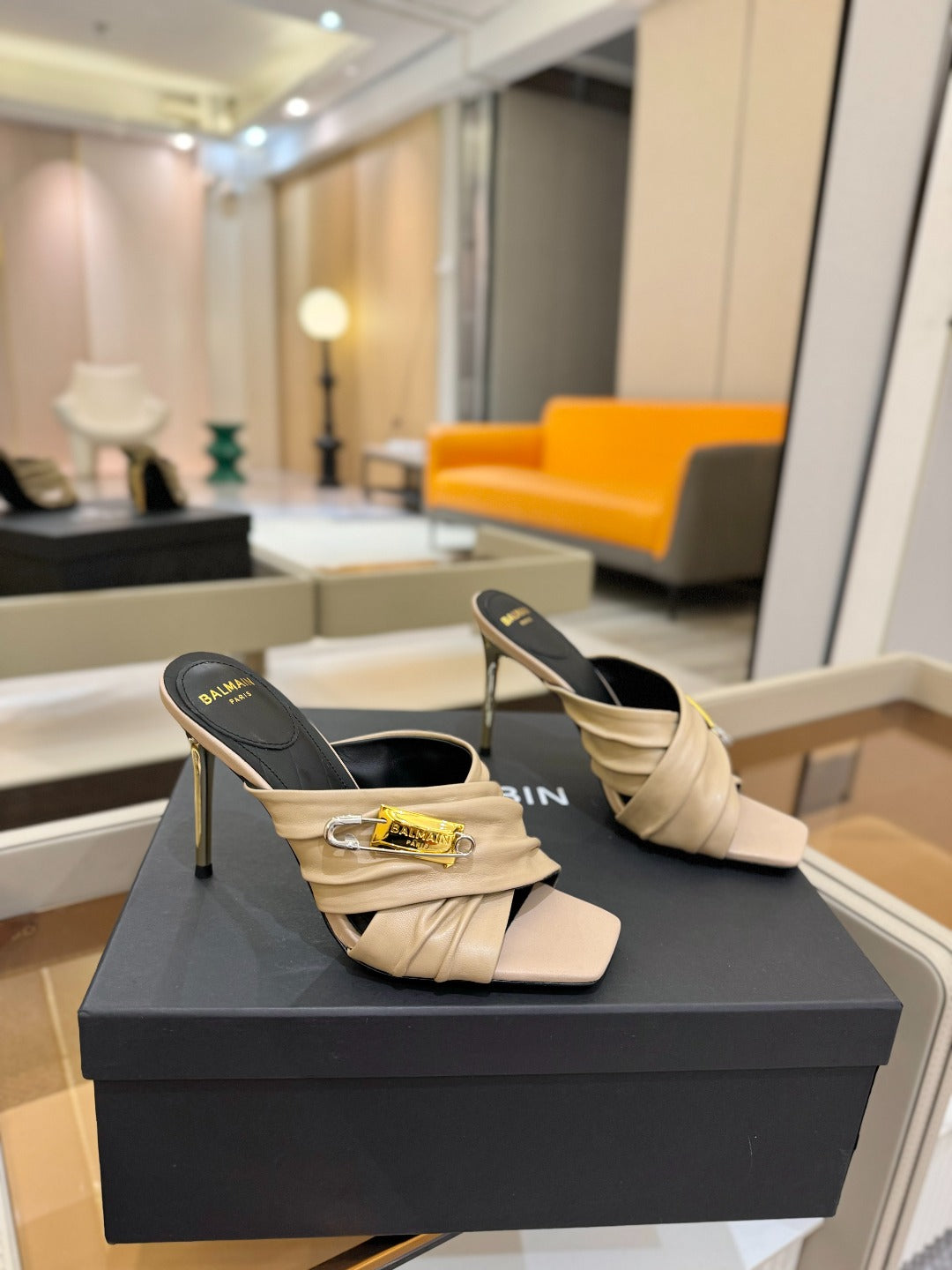 BALMAIN 25S HIGH HEEL SANDALS 95MM IN BEIGE CALFSKIN
