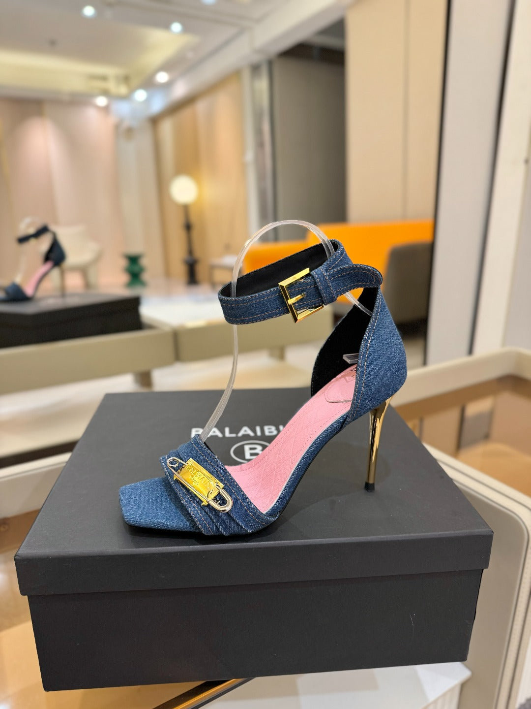BALMAIN 25S HIGH HEELS 95MM IN BLUE DENIM