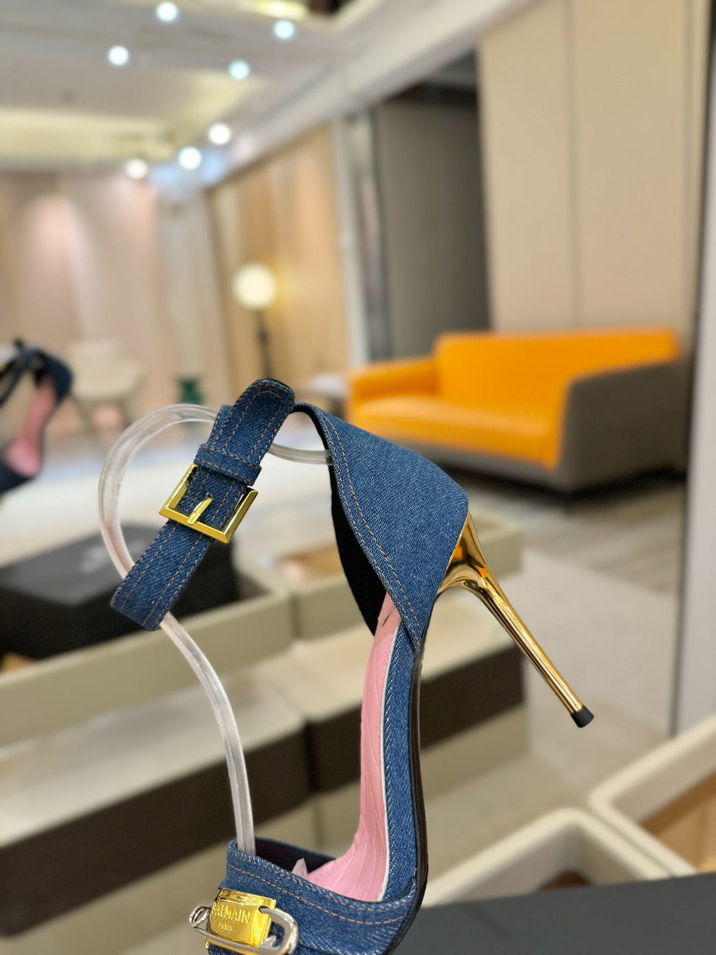 BALMAIN 25S HIGH HEELS 95MM IN BLUE DENIM