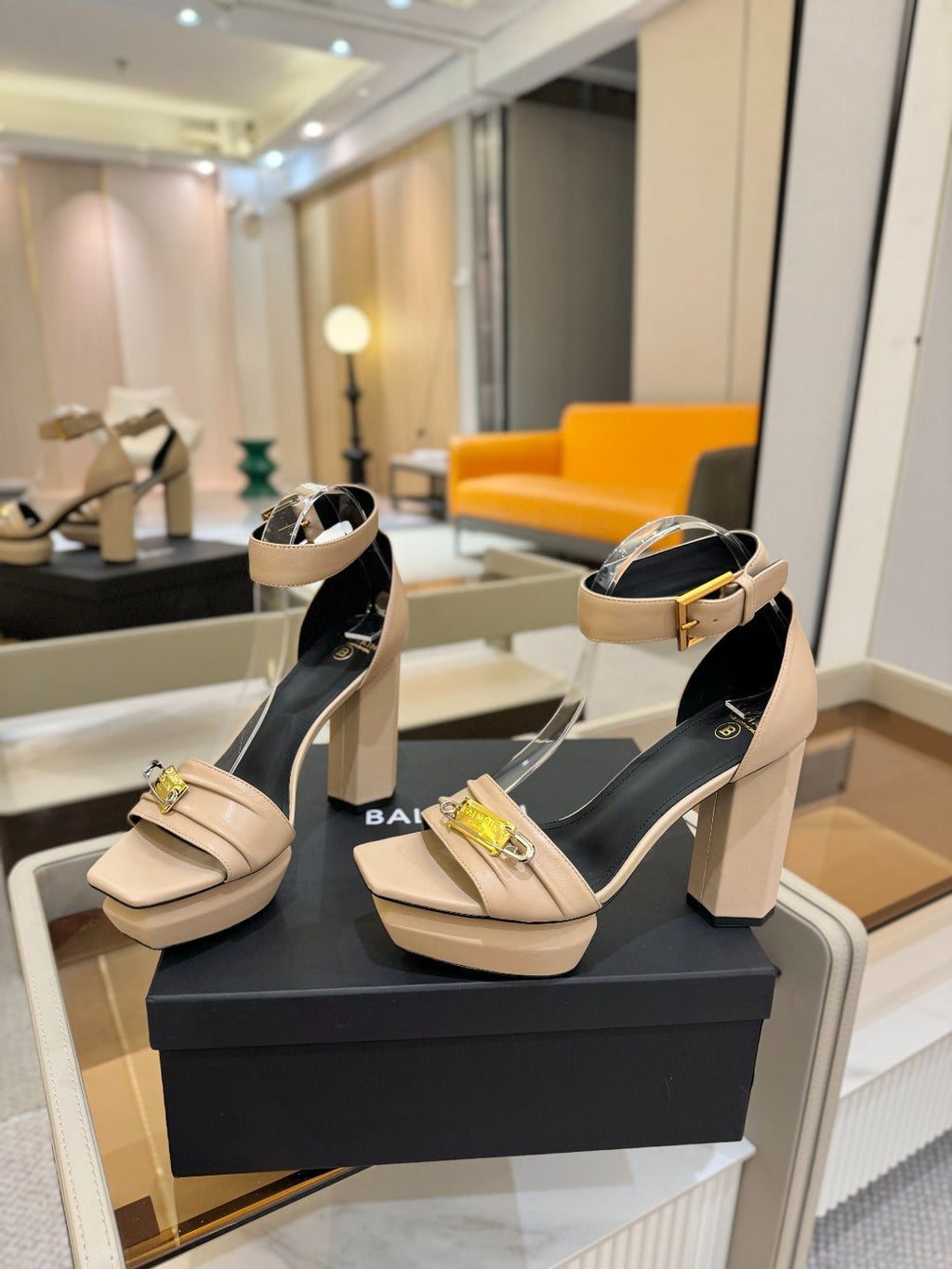 BALMAIN 25S WEDGE HEELS 100MM IN NUDE CALFSKIN