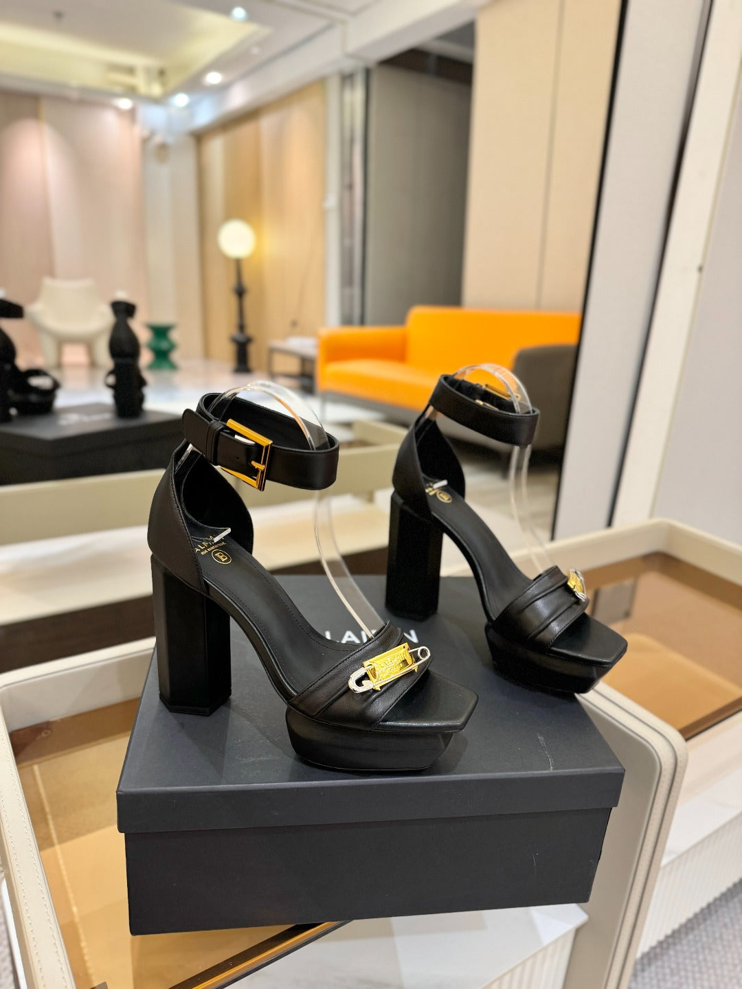 BALMAIN 25S WEDGE HEELS 100MM IN BLACK CALFSKIN