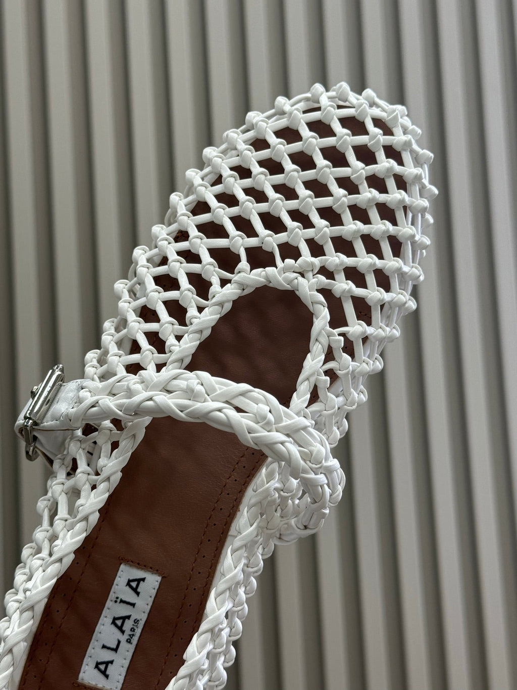 ALAIA MARY JANE FLATS 25S IN WHITE MESH CALSKIN WITH SILVER HARDWARE