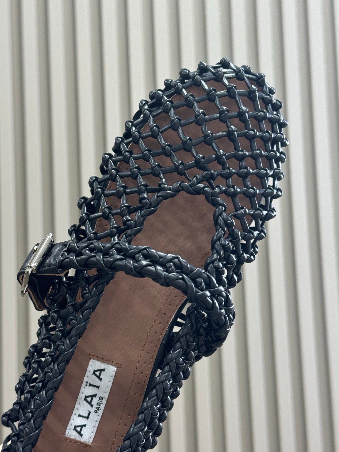 ALAIA MARY JANE FLATS 25S IN BLACK MESH CALSKIN WITH SILVER HARDWARE