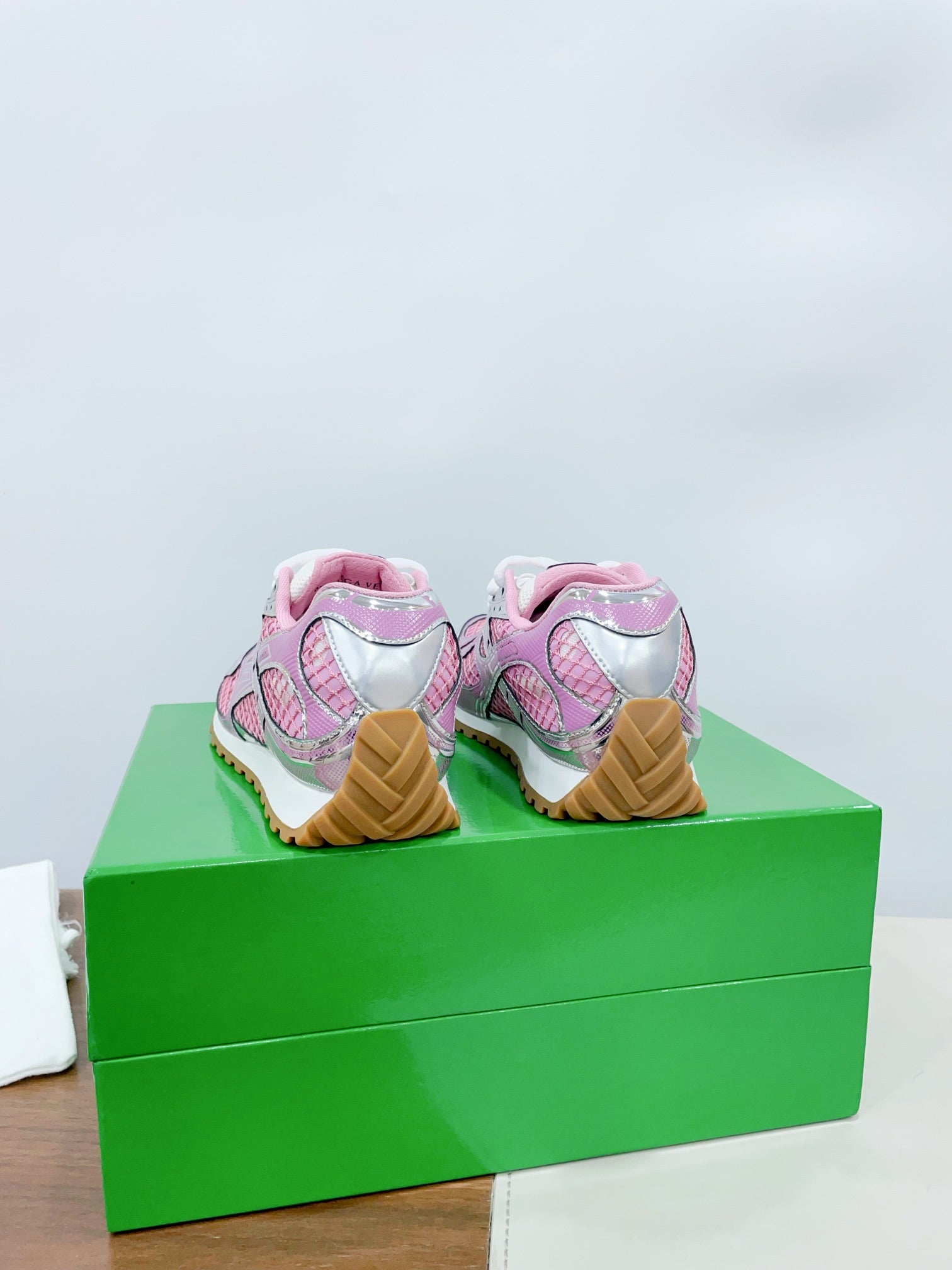 BOTTEGA VENETA ORBIT SNEAKER IN BLUSH PINK TECHNICAL FABRIC AND METALLIC MESH