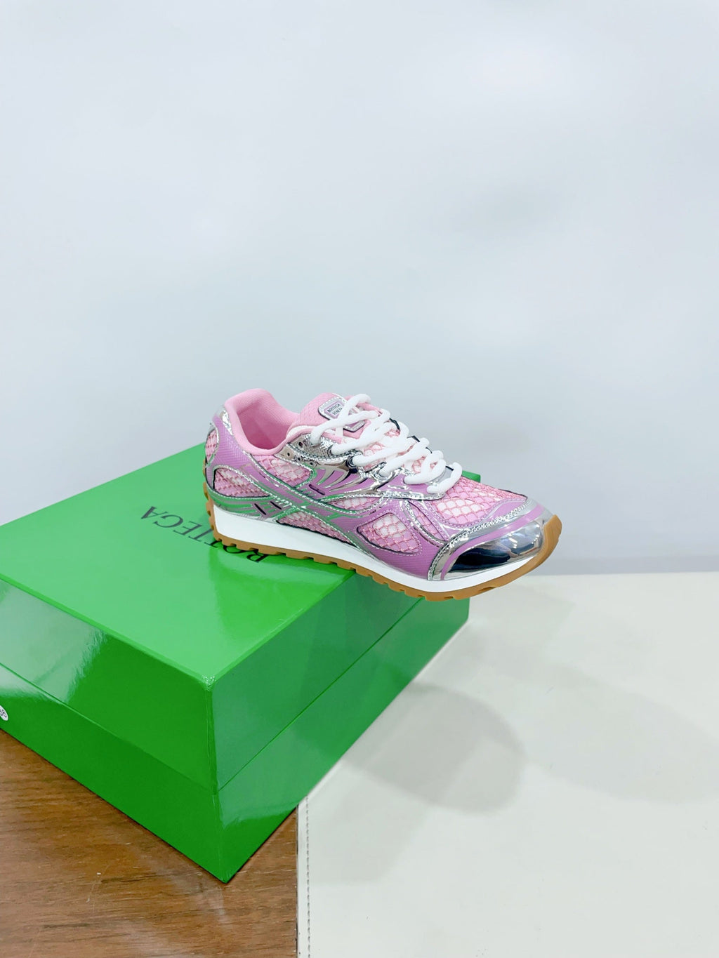BOTTEGA VENETA ORBIT SNEAKER IN BLUSH PINK TECHNICAL FABRIC AND METALLIC MESH