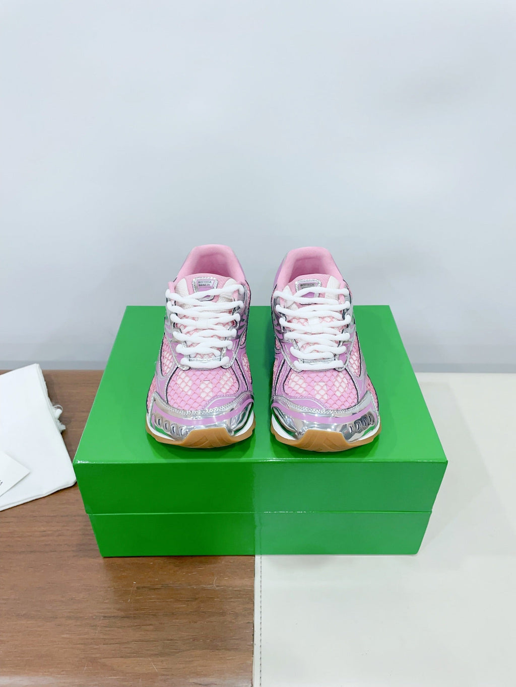 BOTTEGA VENETA ORBIT SNEAKER IN BLUSH PINK TECHNICAL FABRIC AND METALLIC MESH