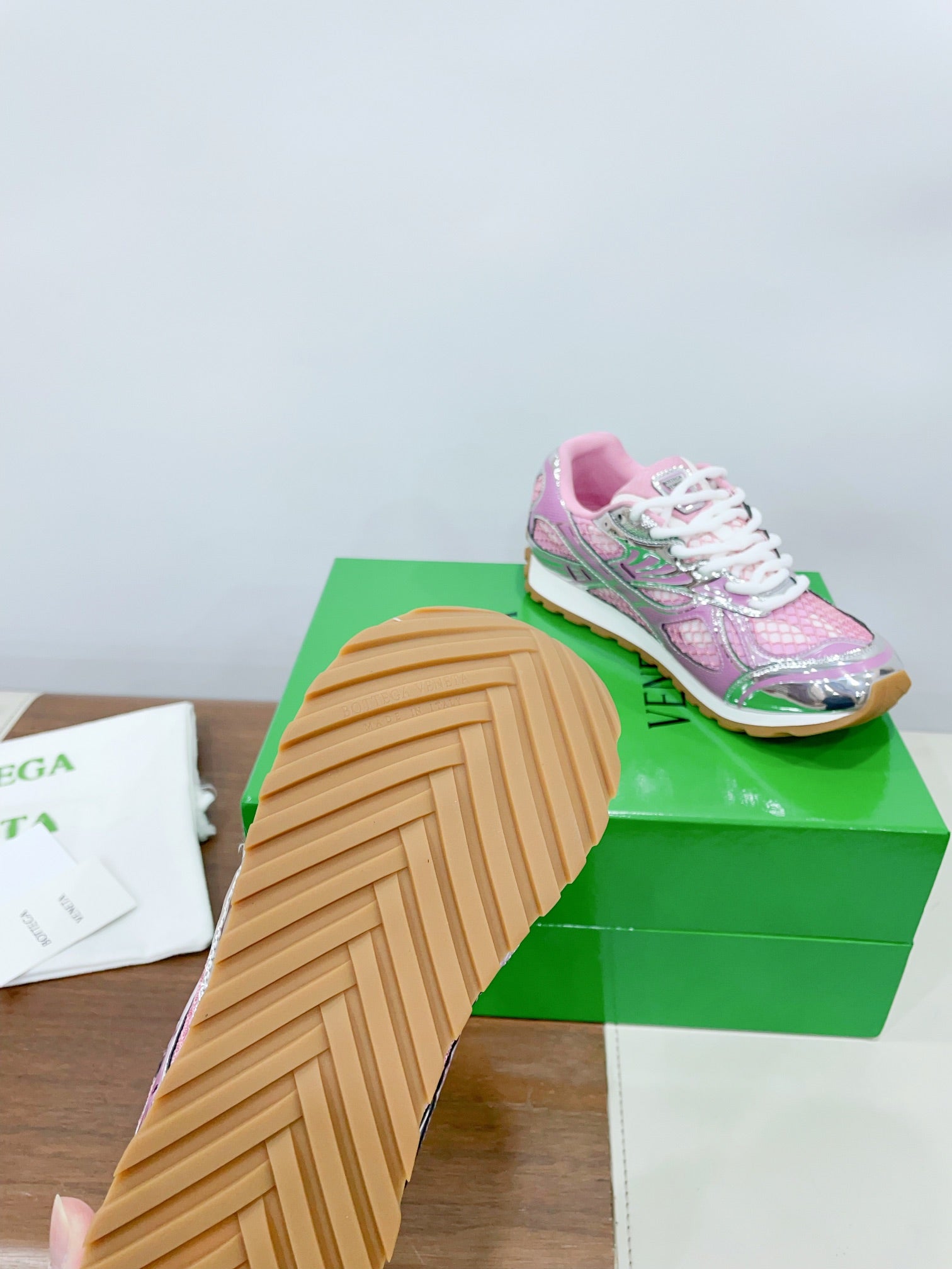 BOTTEGA VENETA ORBIT SNEAKER IN BLUSH PINK TECHNICAL FABRIC AND METALLIC MESH
