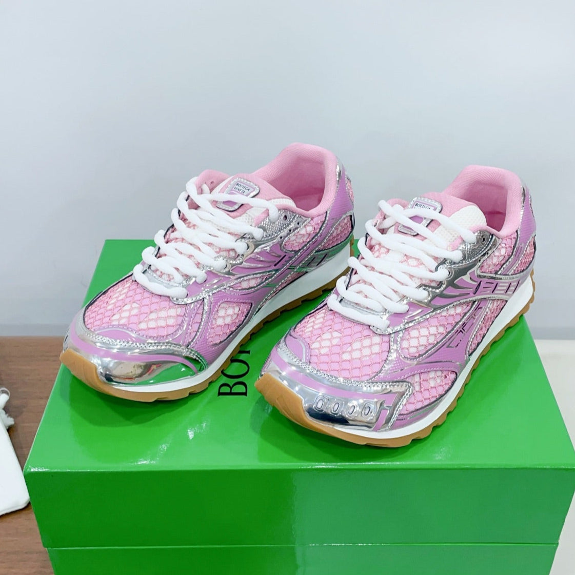 BOTTEGA VENETA ORBIT SNEAKER IN BLUSH PINK TECHNICAL FABRIC AND METALLIC MESH
