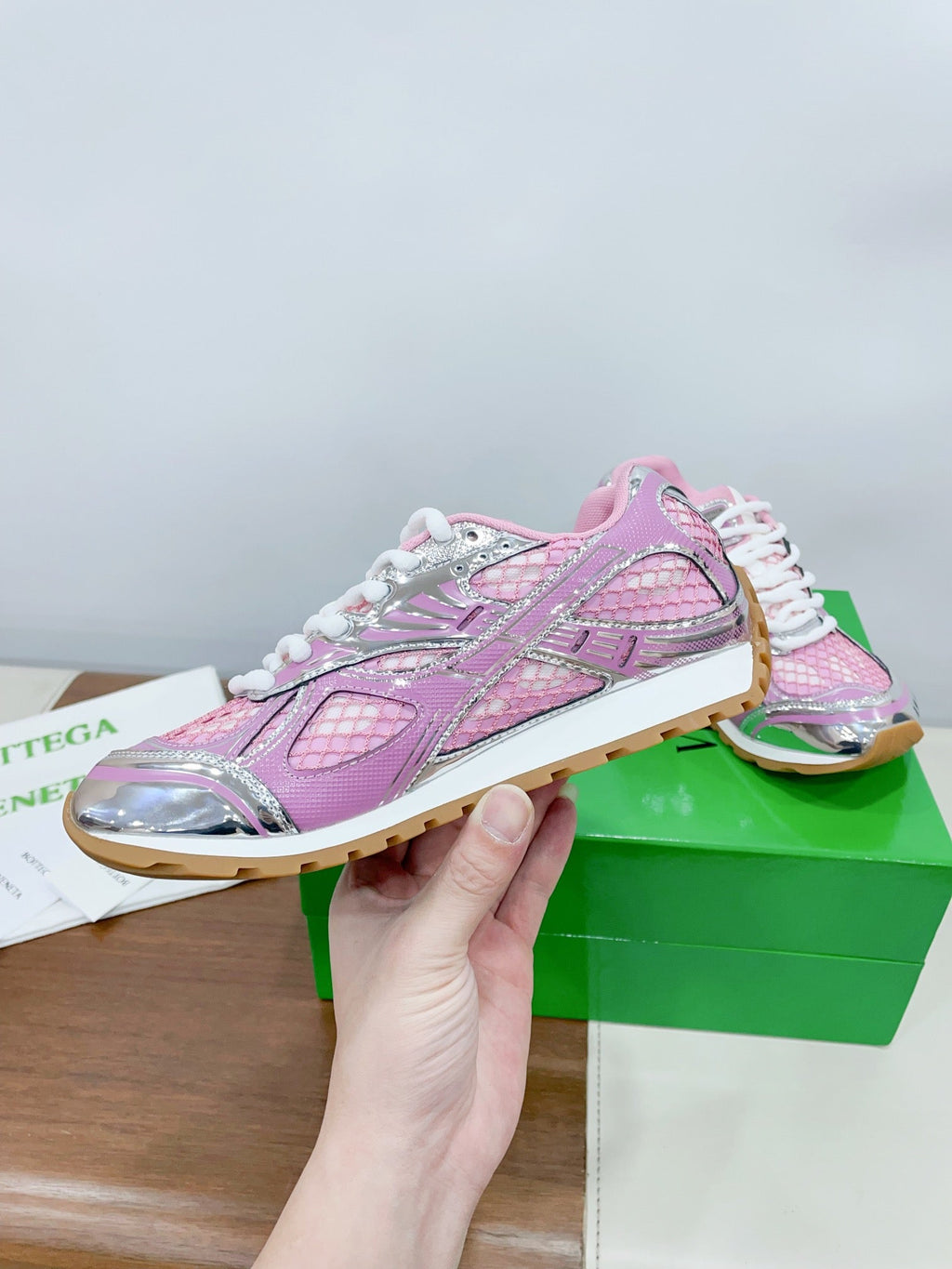 BOTTEGA VENETA ORBIT SNEAKER IN BLUSH PINK TECHNICAL FABRIC AND METALLIC MESH